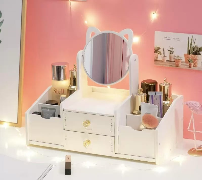Espejo de Maquillaje Multifuncional con Almacenamiento | Espejo 360° | Gran Capacidad | Madera
