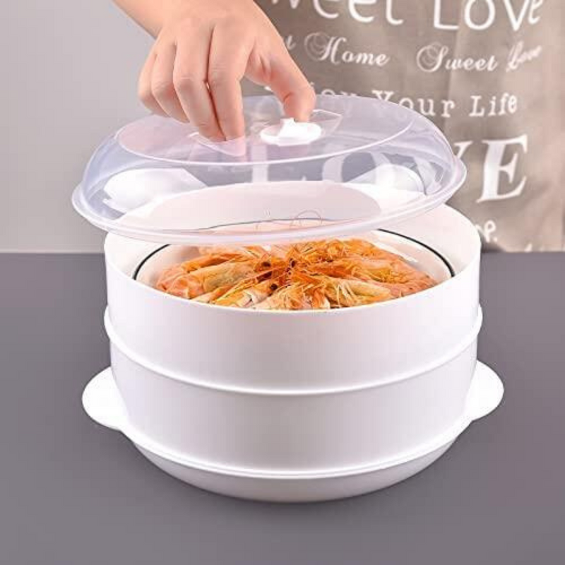 Cazuela para cocinar al vapor en microondas  con diseño apilable y tapa transparente con gambas cocidas