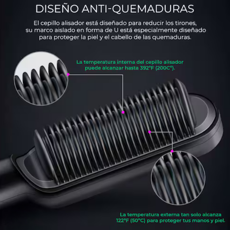 Cepillo alisador cerámico con diseño anti-quemaduras y protección para piel y cabello