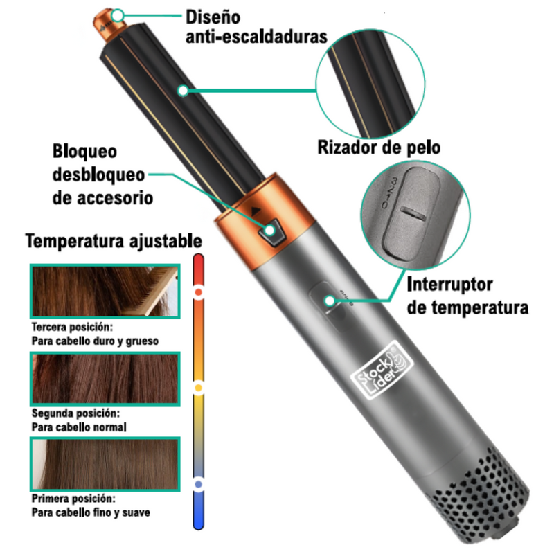 Cepillo secador y moldeador 5 en 1 en Tendeli con diseño anti-escaldaduras y temperatura ajustable