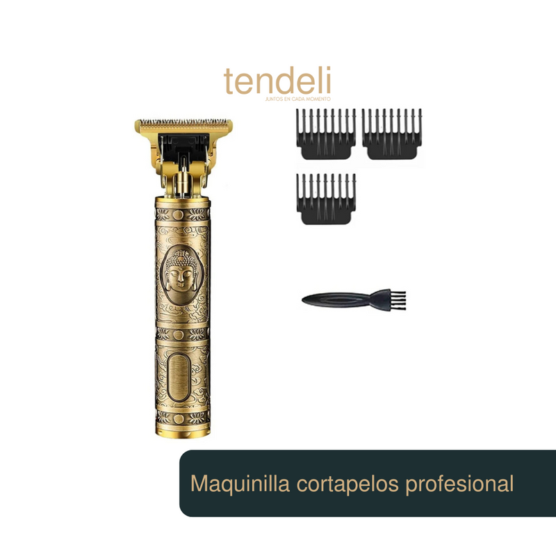 Cortapelos recargable para hombre dorado con diseño decorativo y accesorios de peines y cepillo