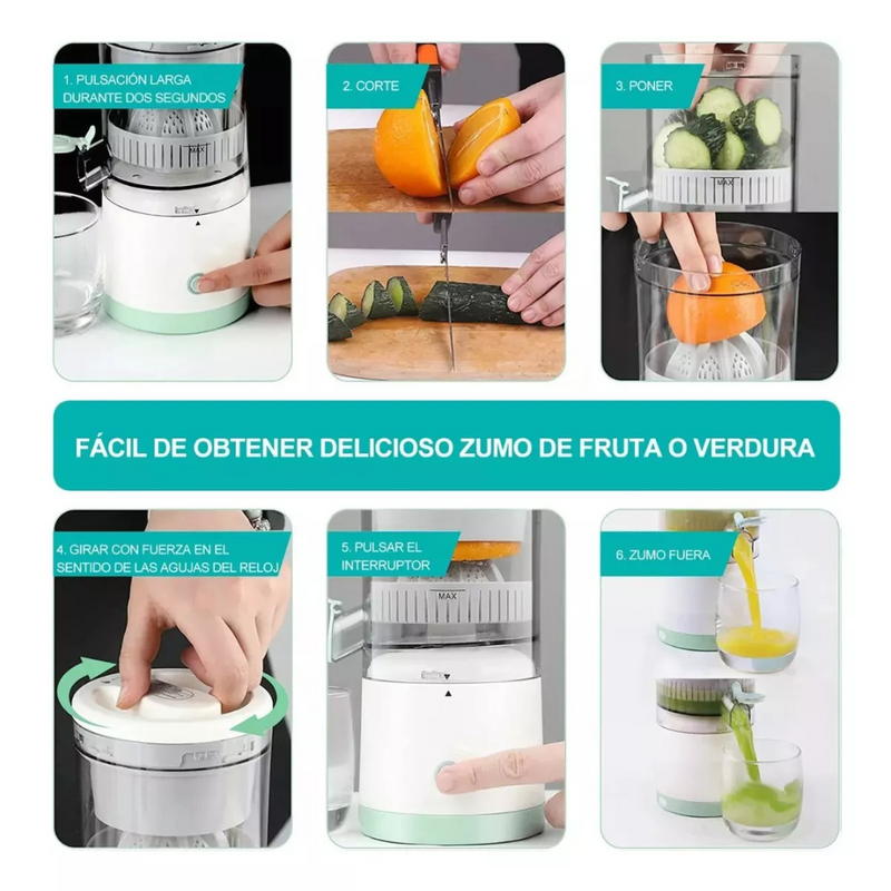 Exprimidor eléctrico portátil para zumos de Tendeli con diseño compacto para frutas y verduras
