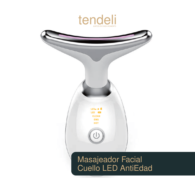 Masajeador facial antiedad Tendeli con luz LED para cuello y rostro en diseño ergonómico blanco y plateado