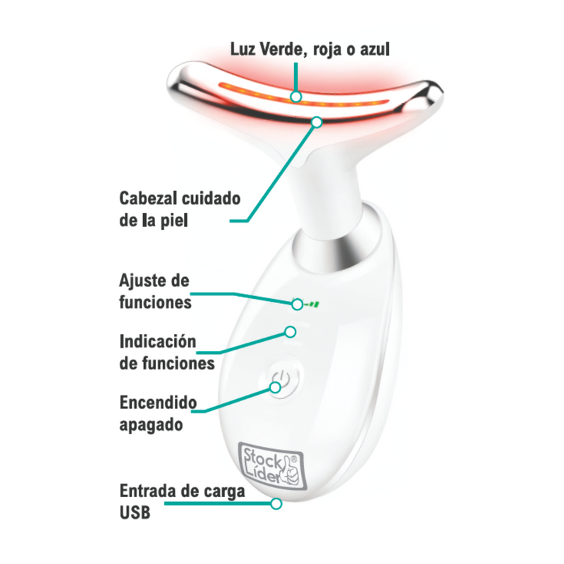 Masajeador facial antiedad Tendeli con luz verde roja azul y cabezal para cuidado de la piel