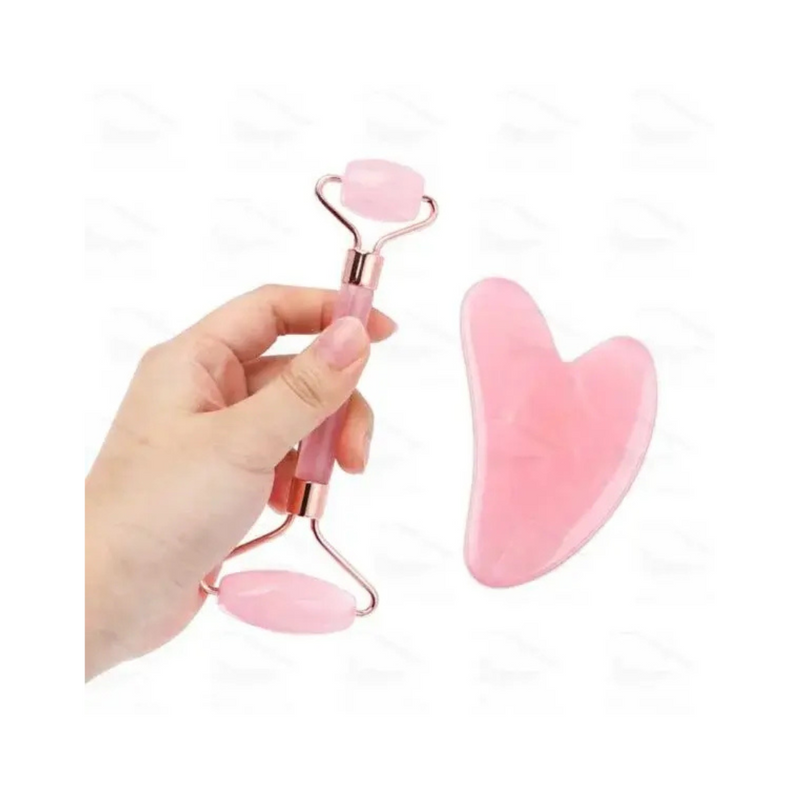 Masajeador facial de jade rosa con rodillos y gua sha para cuidado de la piel