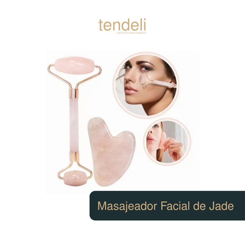 Masajeador facial de jade Tendeli con rodillo y gua sha para cuidado y relajación de la piel