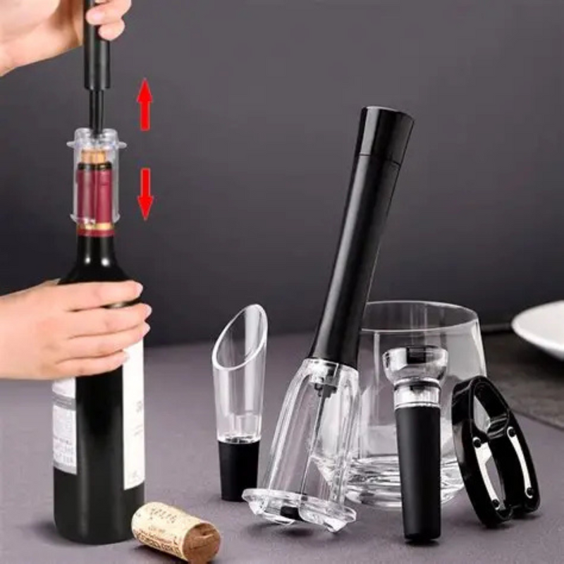 Sacacorchos de aire a presión para botellas Tendeli negro con accesorio vertedor y tapón para vino